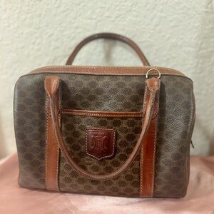 Celine Brown Monogram Canvas Bowling Satchel with Cognac Trim
